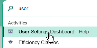Epic search bar with user typed, showing User Settings Dashboard and Efficiency Classes in the Activities list